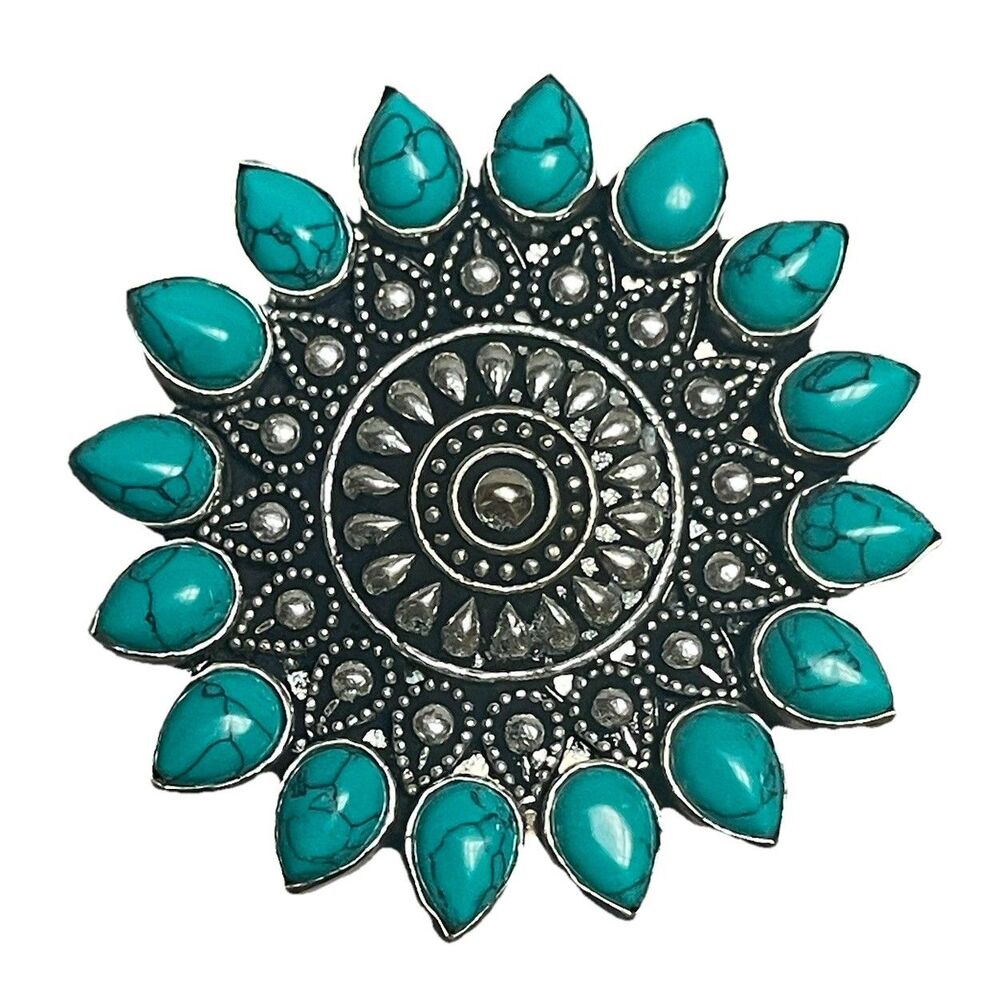 Signed SS Silver Tone Sunburst Statement Ring Adj Composite Turquoise Southwest